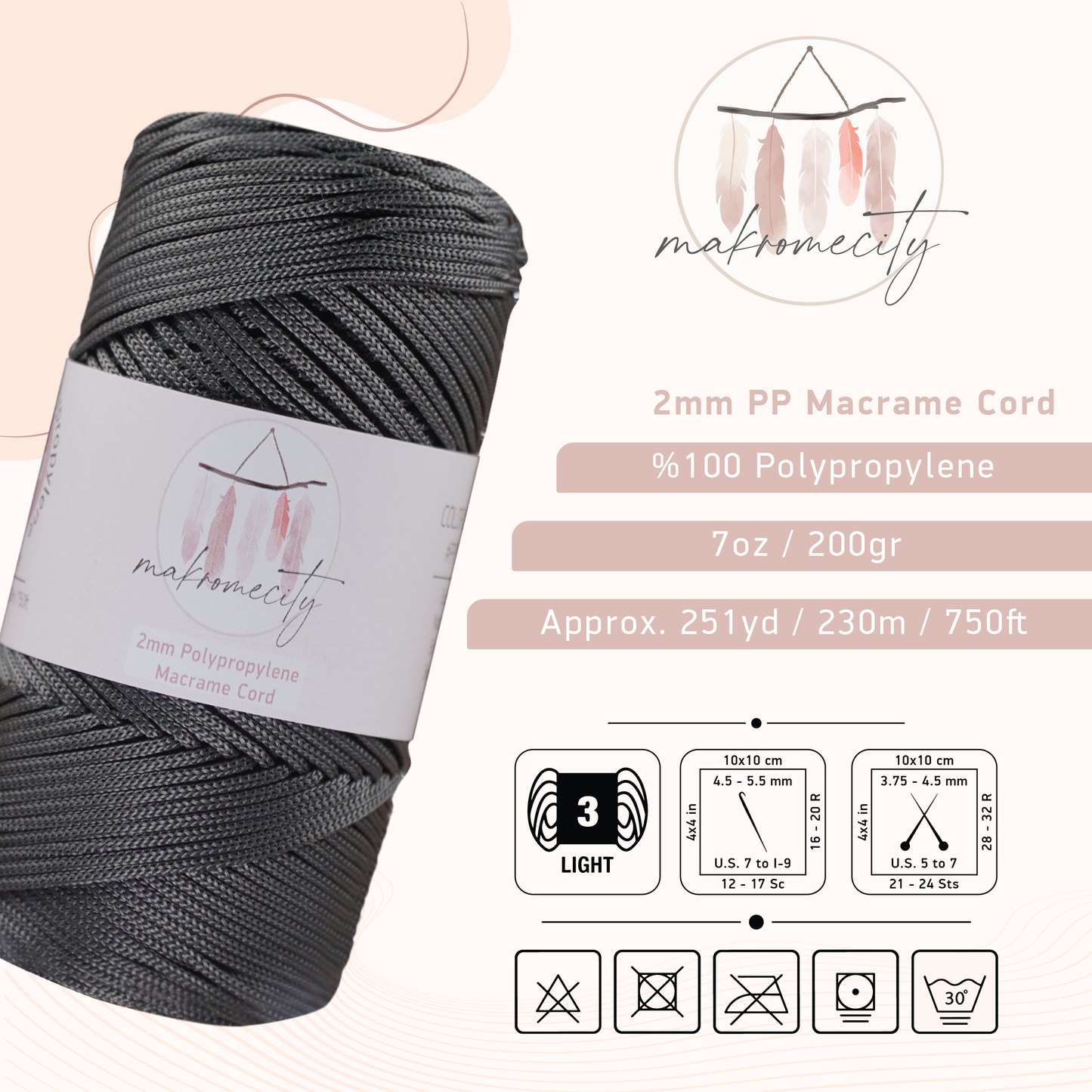 Polyester Macrame Cord 2mm x 250 yards (750 feet)  - Anthracite
