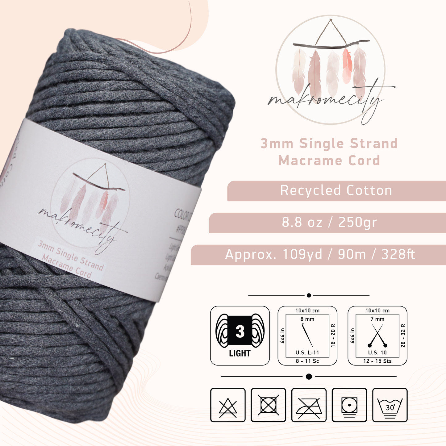 Single Strand Macrame Cord 3 mm x 109 Yards (295 feet) - Anthracite