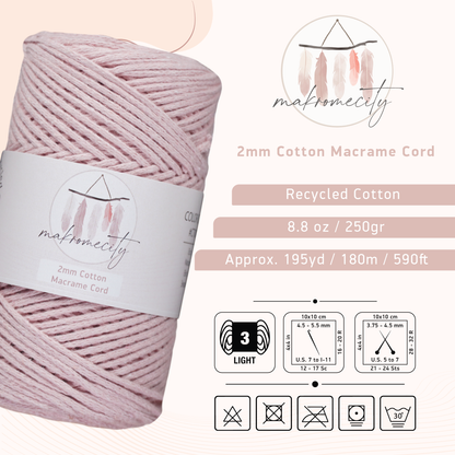Cotton Macrame Cord 2mm x 195 Yards (590 feet) 2mm - Baby Pink