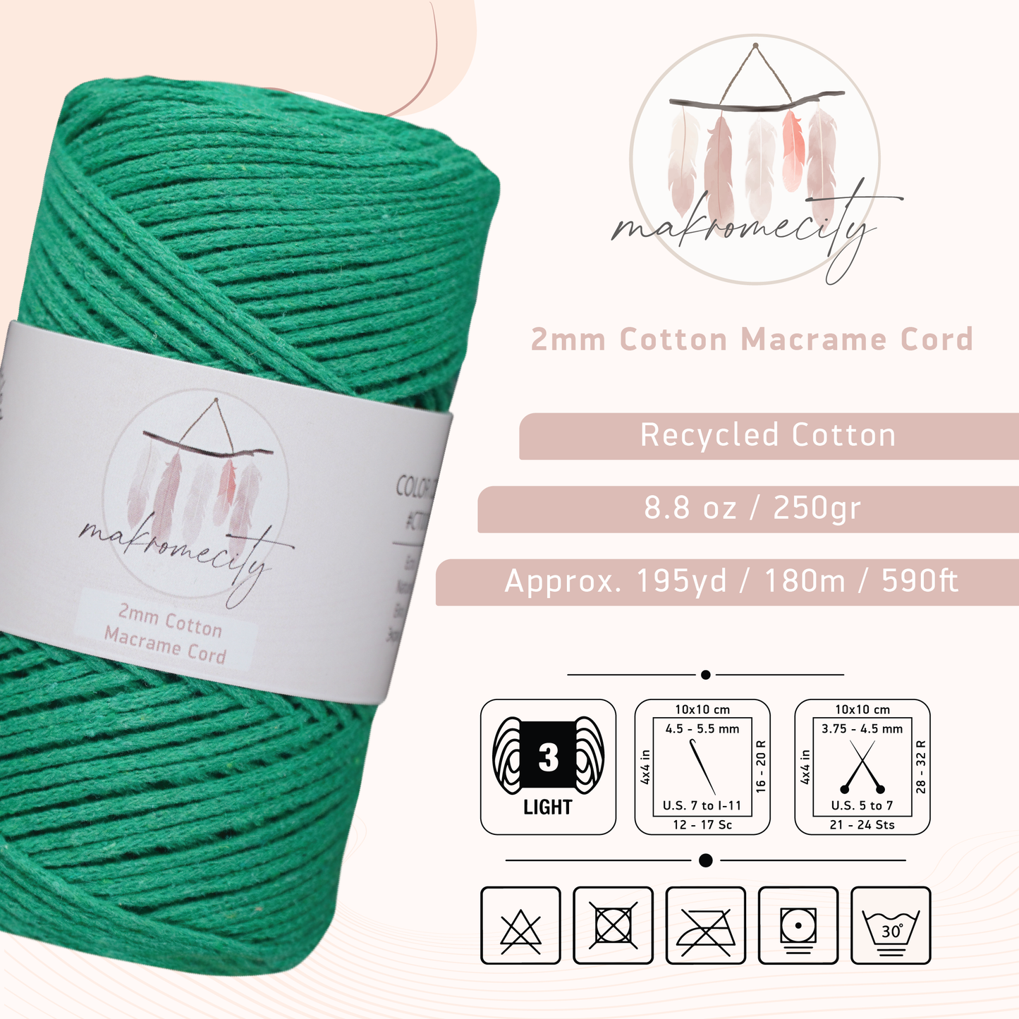 Cotton Macrame Cord 2mm x 195 Yards (590 feet) 2mm - Benetton