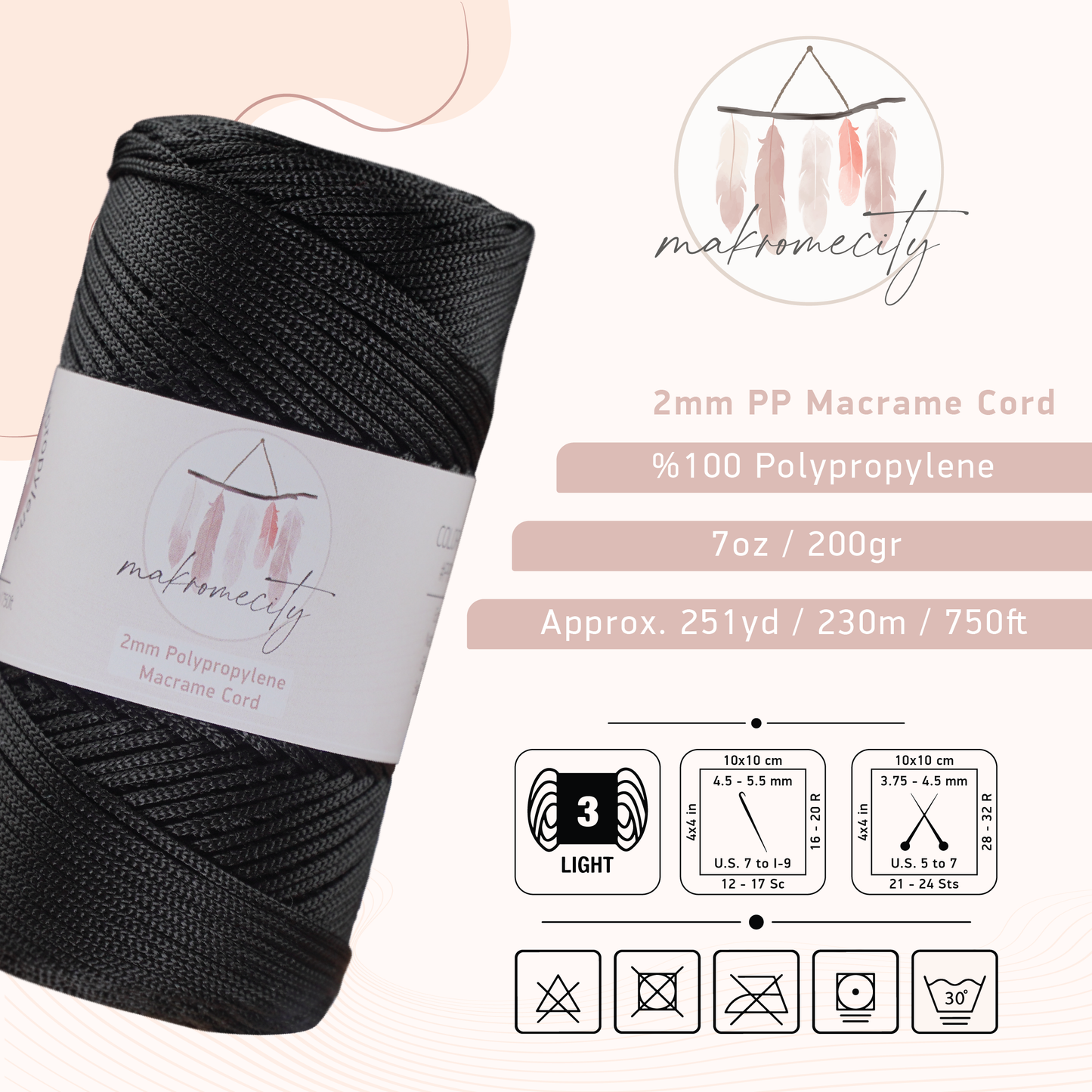 Polyester Macrame Cord 2mm x 250 yards (750 feet)  - Black