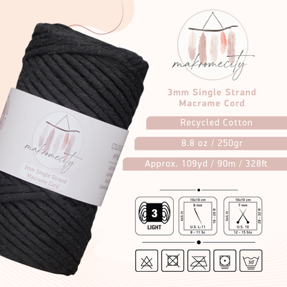 Single Strand Macrame Cord 3 mm x 109 Yards (328 feet) - Black
