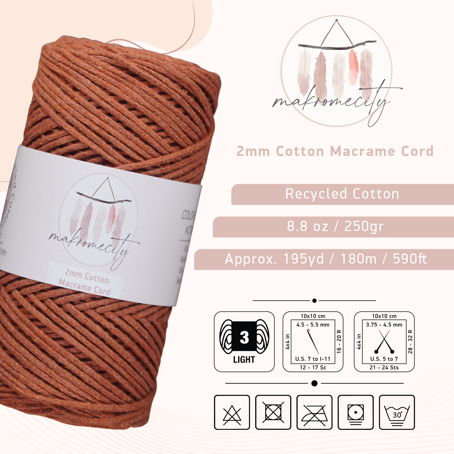 Cotton Macrame Cord 2mm x 195 Yards (590 feet) 2mm - Brick