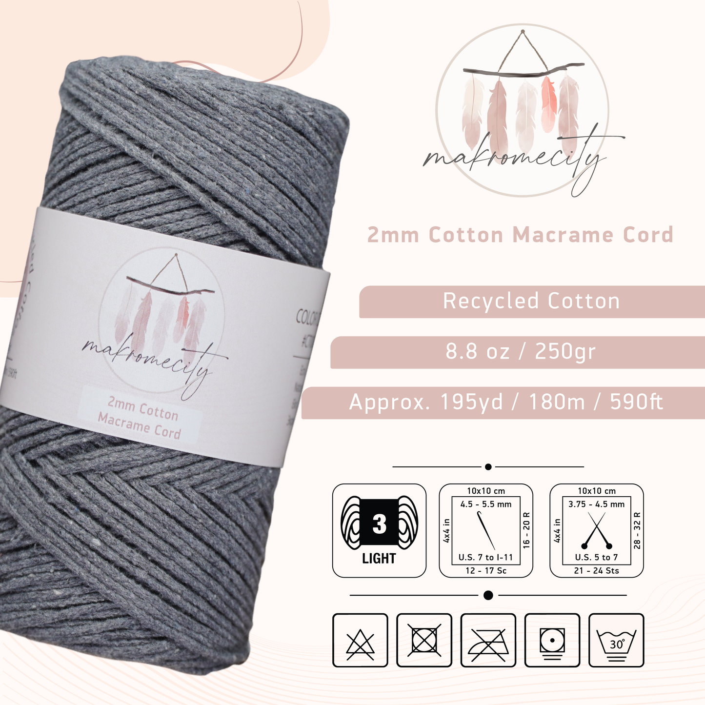 Cotton Macrame Cord 2mm x 195 Yards (590 feet) 2mm - Dark Grey