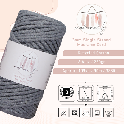 Single Strand Macrame Cord 3 mm x 109 Yards (328 feet) - Dark Grey