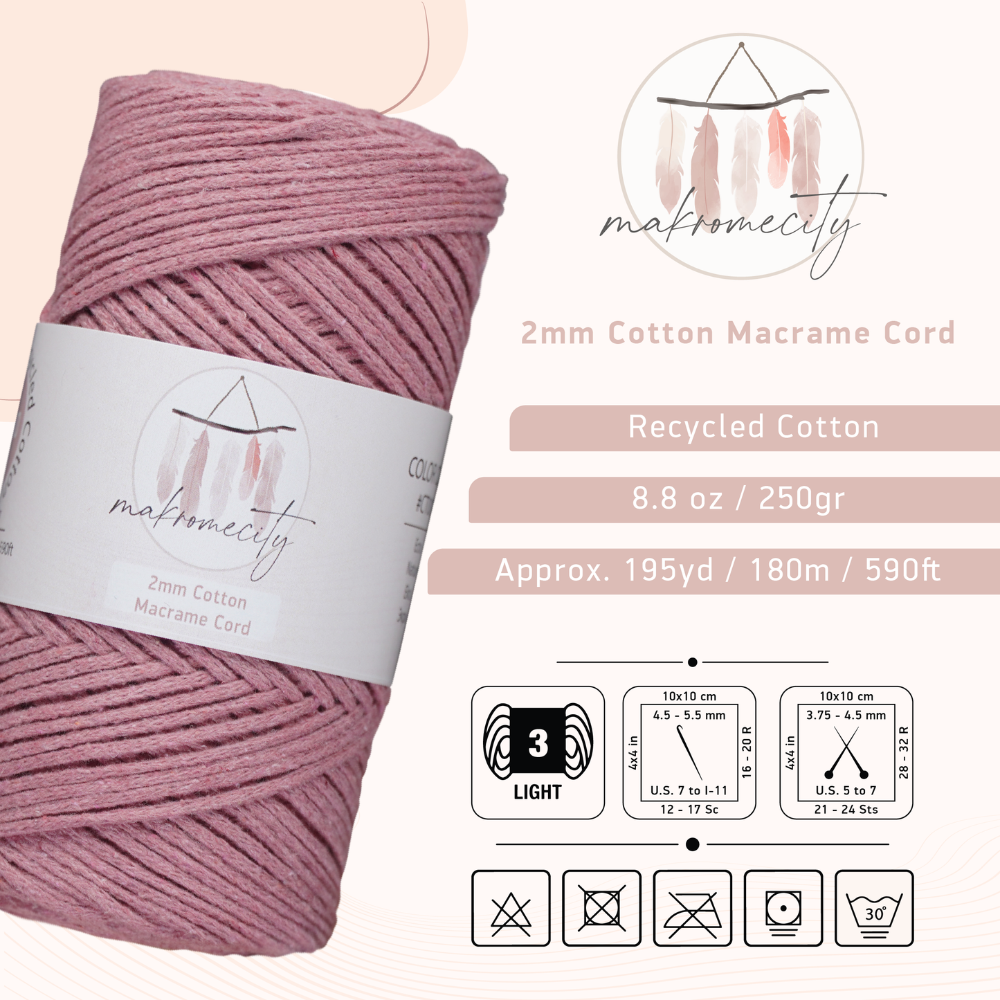 Cotton Macrame Cord 2mm x 195 Yards (590 feet) 2mm - Dusty Rose