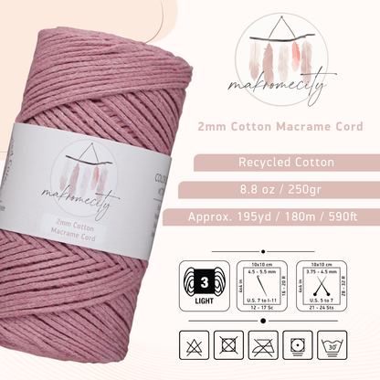 Cotton Macrame Cord 2mm x 195 Yards (590 feet) 2mm - Dusty Rose
