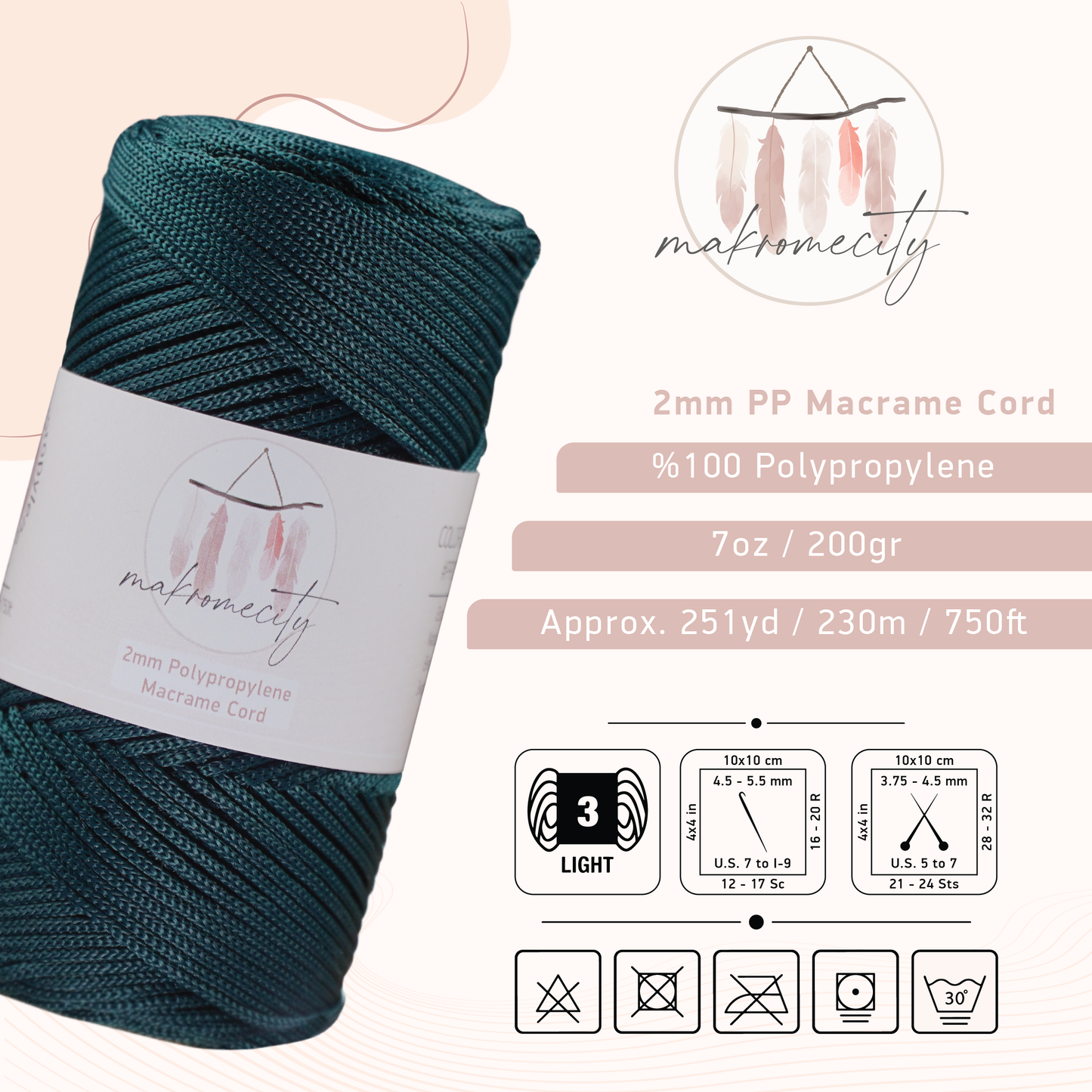 Polyester Macrame Cord 2mm x 250 yards (750 feet)  - Forest Green