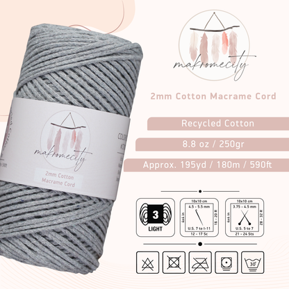 Cotton Macrame Cord 2mm x 195 Yards (590 feet) 2mm - Grey