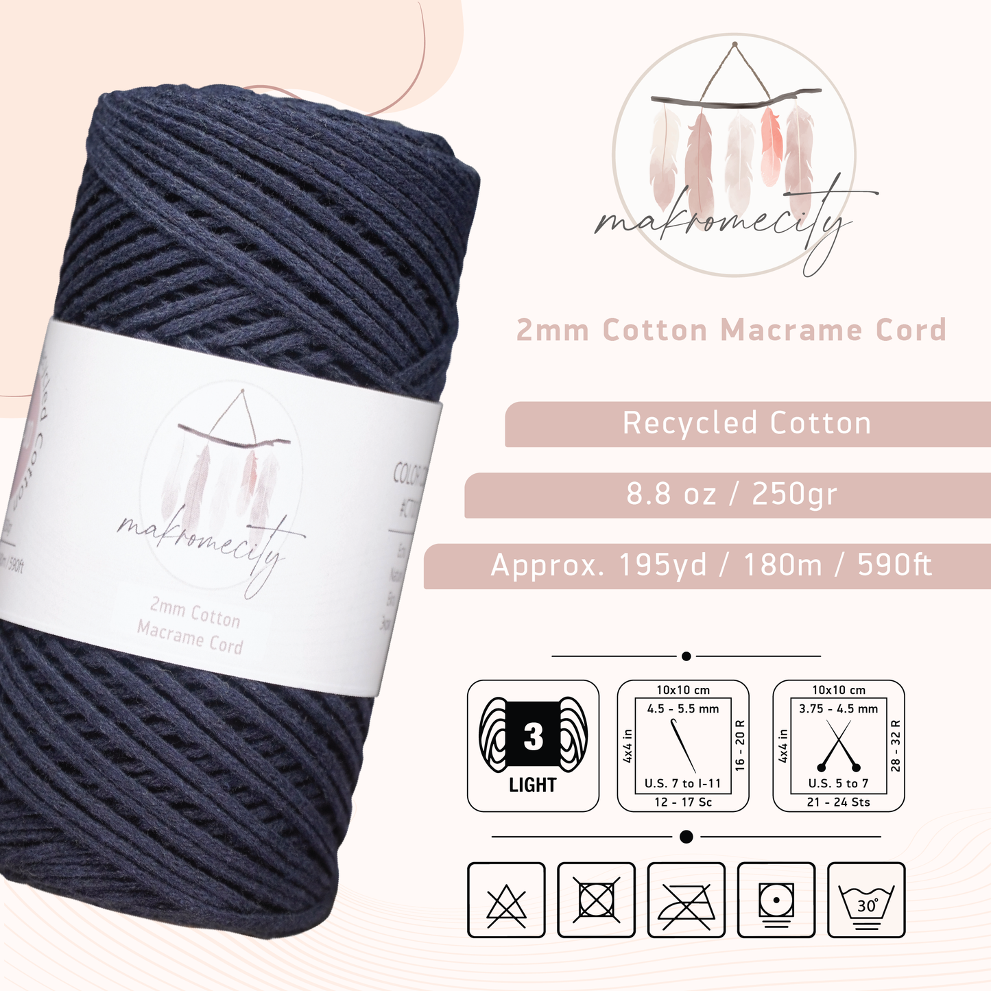 Cotton Macrame Cord 2mm x 195 Yards (590 feet) 2mm - Indigo Blue