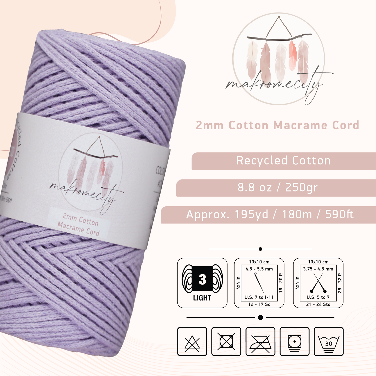 Cotton Macrame Cord 2mm x 195 Yards (590 feet) 2mm - Lilac