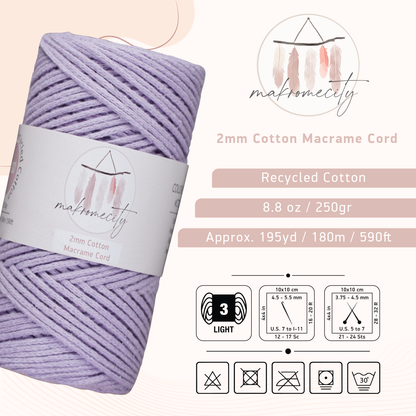 Cotton Macrame Cord 2mm x 195 Yards (590 feet) 2mm - Lilac