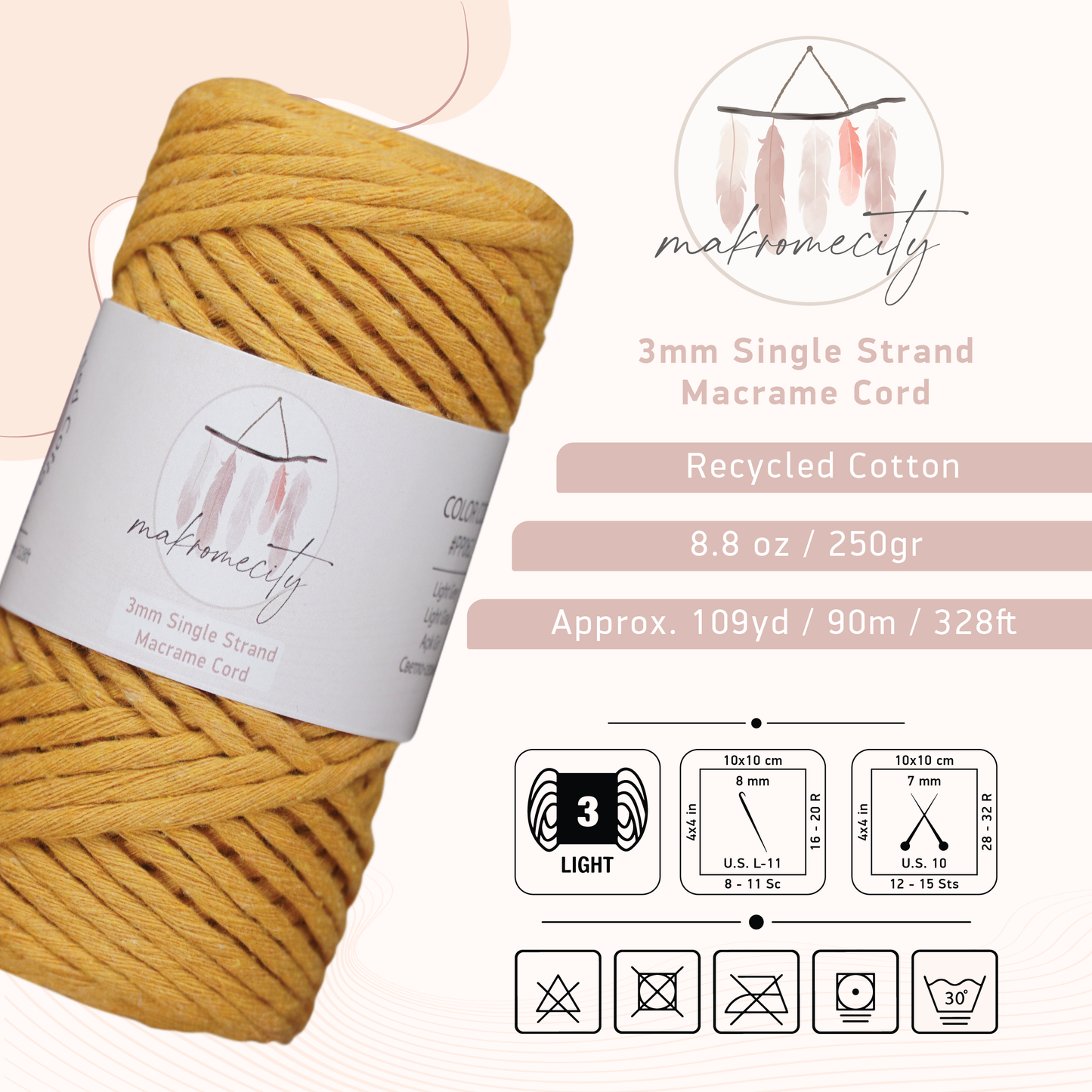 Single Strand Macrame Cord 3 mm x 109 Yards (328 feet) - Mustard