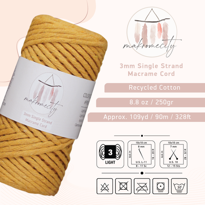 Single Strand Macrame Cord 3 mm x 109 Yards (328 feet) - Mustard
