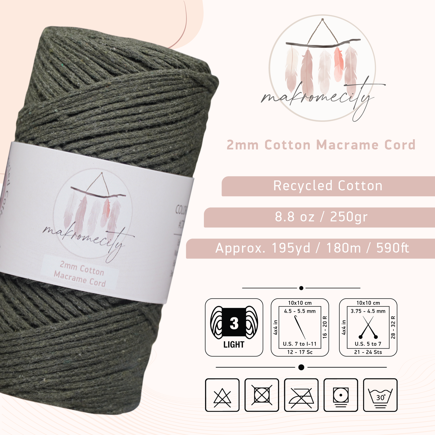 Cotton Macrame Cord 2mm x 195 Yards (590 feet) 2mm - Olive Drab