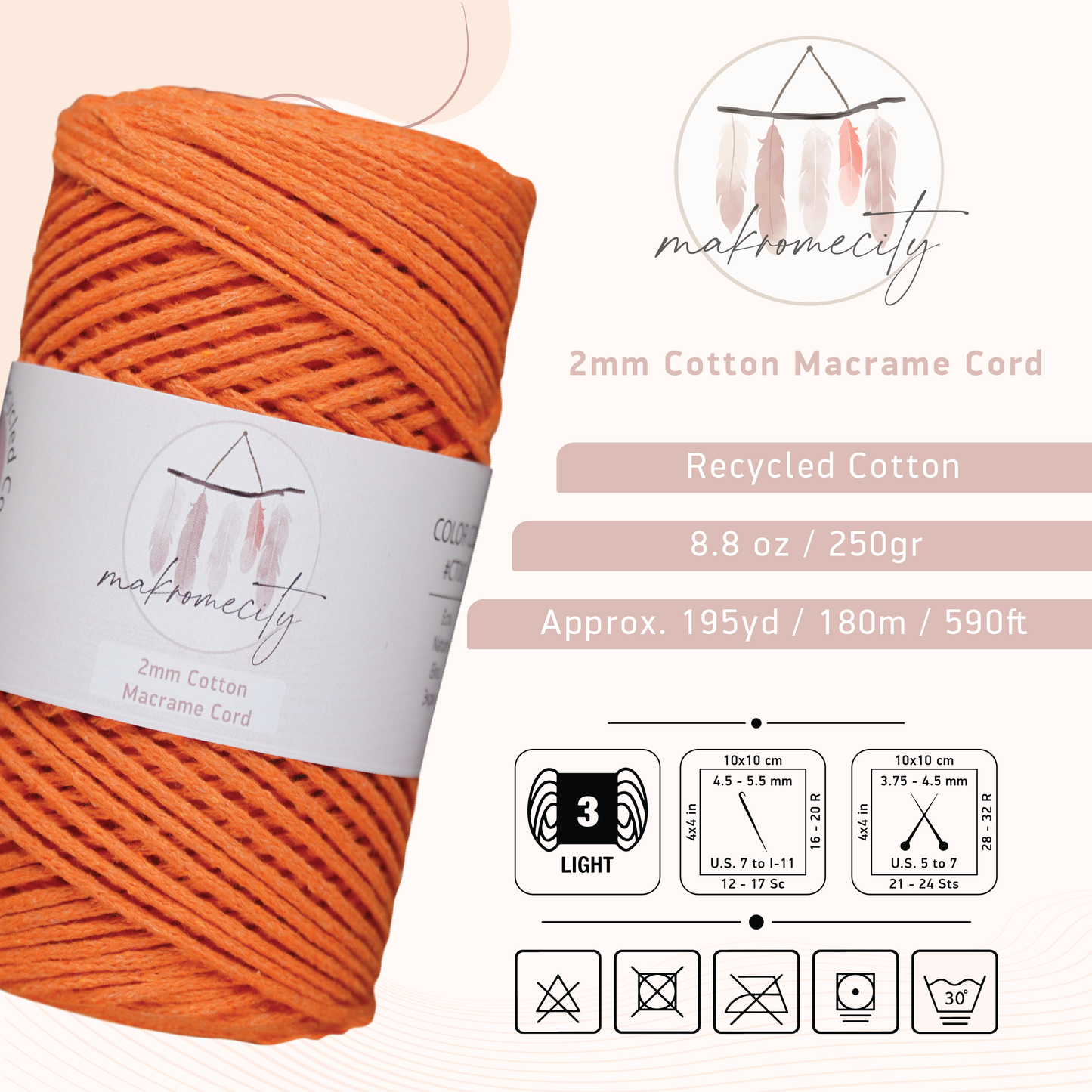 Cotton Macrame Cord 2mm x 195 Yards (590 feet) 2mm - Orange