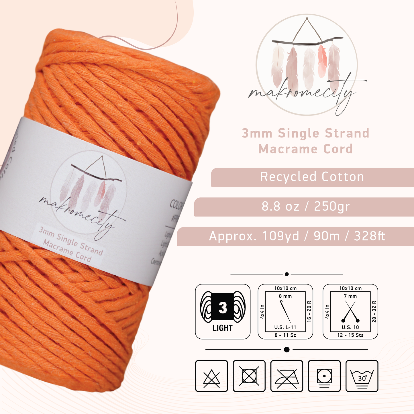 Single Strand Macrame Cord 3 mm x 109 Yards (328 feet) - Orange