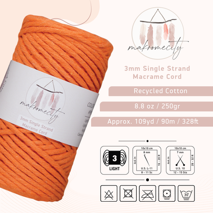 Single Strand Macrame Cord 3 mm x 109 Yards (328 feet) - Orange