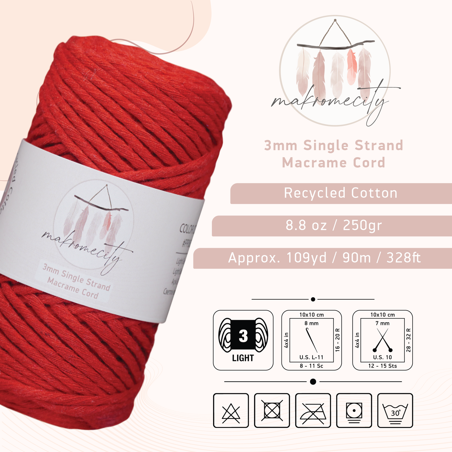 Single Strand Macrame Cord 3 mm x 109 Yards (328 feet) - Red
