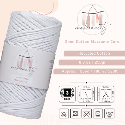 Cotton Macrame Cord 2mm x 195 Yards (590 feet) 2mm - White