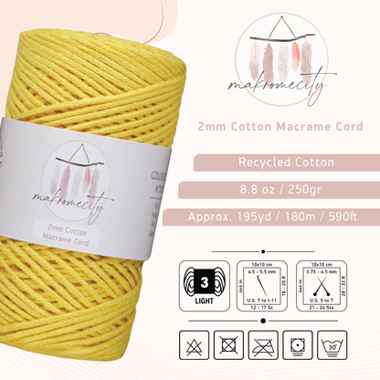 Cotton Macrame Cord 2mm x 195 Yards (590 feet) 2mm - Yellow